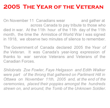 2005  The Year of the Veteran

On November 11  Canadians wear poppies and gather at war memorials across Canada to pay tribute to those who died in war.  At the 11th  hour  of the 11th  day of the 11th month,  the time the  Armistice of World War I was signed in 1918,  we observe two minutes of silence to remember.
The Government of  Canada  declared  2005  the Year  of the Veteran.   It  was  Canada's  year-long  expression  of thanks  to   war   service  Veterans  and  Veterans  of  the Canadian Forces. 
Shilobrats  Zoe Fowler, Faye Helgason  and Edith Walker were part   of the throng that gathered on Parliment Hill in Ottawa  on  November  11th,  2005  and, at the end of the ceremonies,  placed their poppies amongst the  hundreds strewn on, and around, the Tomb of the Unknown Soldier. 
